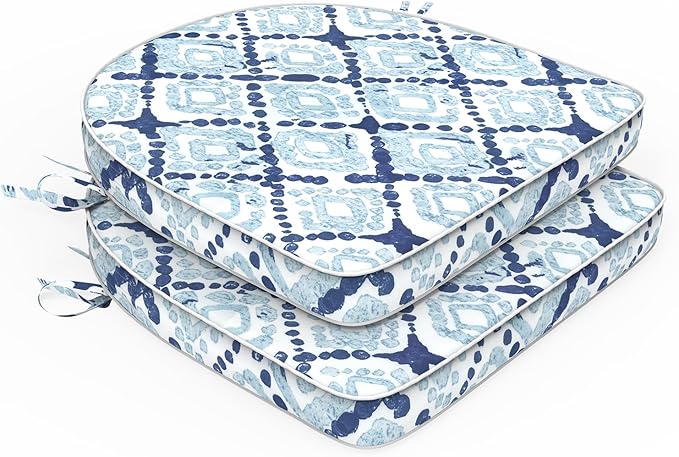 Set of 2 Outdoor Chair Cushions 19"x19"x2",Water Repellent Seat Dining Chair Cushion with Ties and Removable Covers, Chair Cushions for Indoor Kitchen and Patio Furniture,Boho Geometry Blue