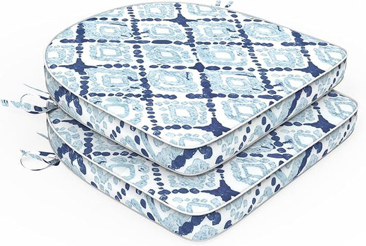 Set of 2 Outdoor Chair Cushions 19"x19"x2",Water Repellent Seat Dining Chair Cushion with Ties and Removable Covers, Chair Cushions for Indoor Kitchen and Patio Furniture,Boho Geometry Blue