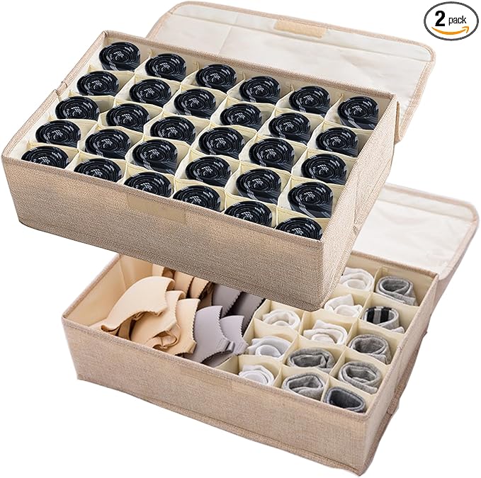 AARAINBOW 2 Packs Underwear Socks Ties Storage Organizer with Lids Foldable Closet Drawer Organizer 46 Cells, Fabric Drawer Wardrobe Divider Organizer for Bra Scarves Lingerie (30+16 Cell, 2 Beige)