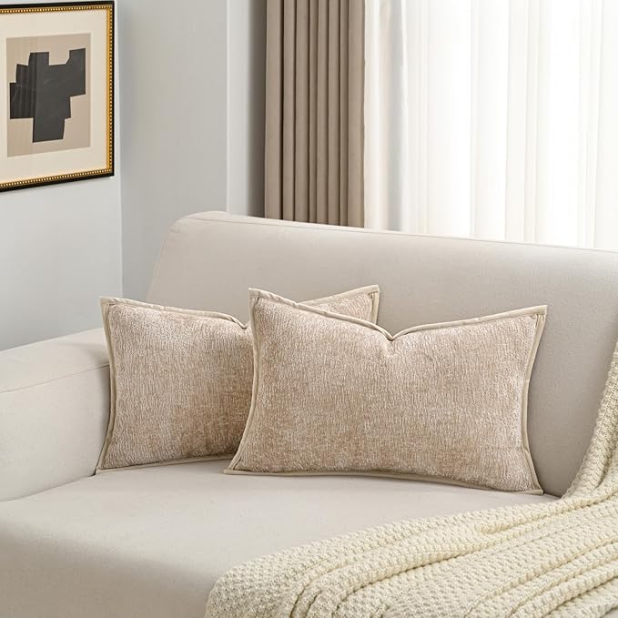 FUTEI Oatmeal Chenille Throw Pillow Covers 12x20 Inch Set of 2,Soft Cozy Bound Edge Design Lumbar Pillow Cases,Home Decor for Couch Bed Living Room