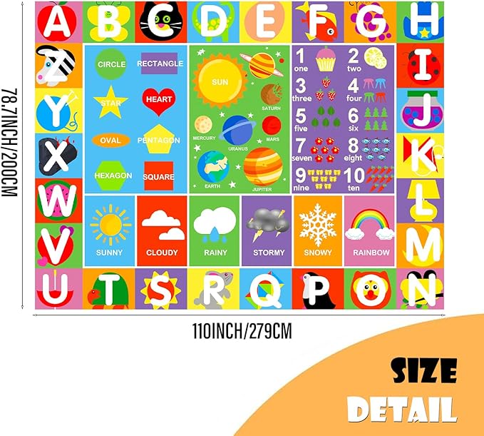 Alphabet Rug for Kids - Soft ABC Kids' Rug with Non-Slip Backing, Educational Playroom Carpet for Toddlers with Letters, Numbers & Shapes - 9'2" x 6'7" (Rectangular)