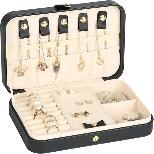 Small Jewelry Box, Travel Jewelry Case Portable Jewelry Boxes for Women, 2-Layer Mini Jewelry Travel Organizer, Gift for Women Girls,Black B