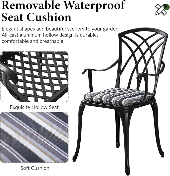 Outdoor Bistro Set 3 Piece Outdoor Bistro Table and Chairs Set Table with Umbrella Hole, Cushions, Cast Aluminum Patio Furniture for Porch, Backyard, Garden, Black