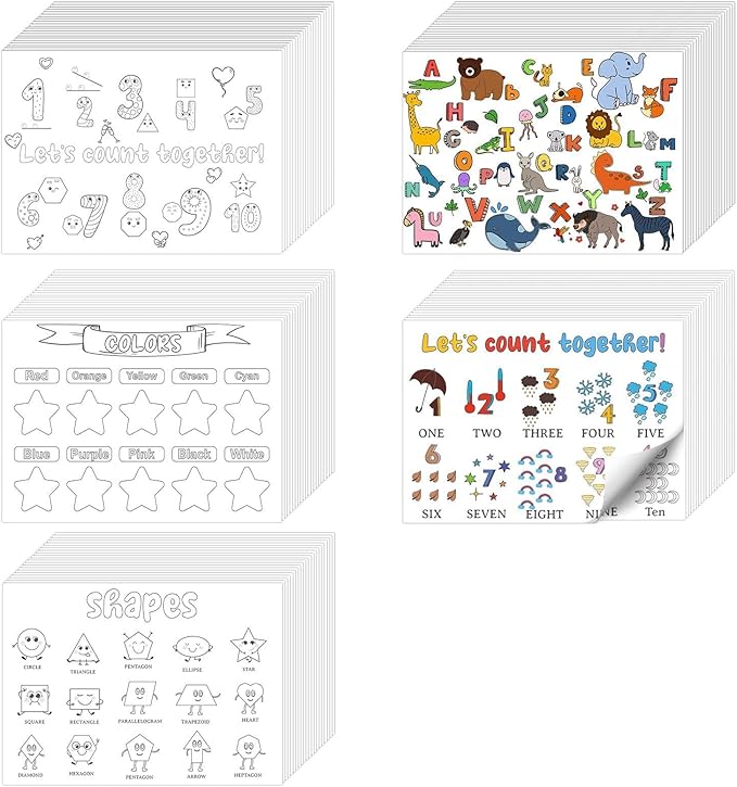 500 Pcs Disposable Coloring Placemats 5 Themed Coloring Activity Sheets Paper Mat Bulk 14.2"x10.2" Dining Table Paper Placemats Disposable Table Mat for Kids DIY (Weather,Shape,Color,Letter)