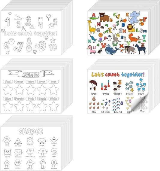 500 Pcs Disposable Coloring Placemats 5 Themed Coloring Activity Sheets Paper Mat Bulk 14.2"x10.2" Dining Table Paper Placemats Disposable Table Mat for Kids DIY (Weather,Shape,Color,Letter)