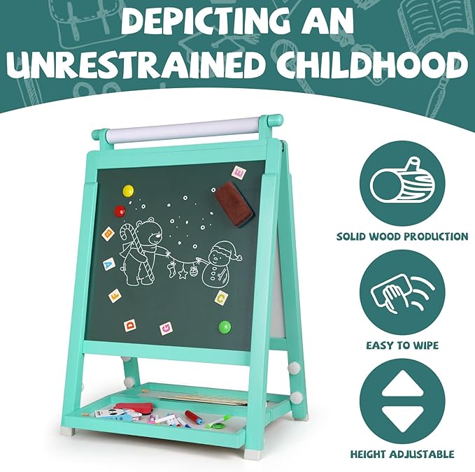 Wooden Art Easel for Toddlers Foldable Kids Easel with Paper Roll Children Double-Sided Whiteboard & Chalkboard Standing Educational Painting and Drawing Easel