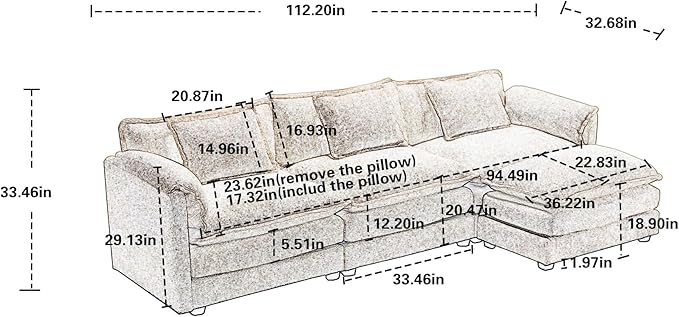 KEIKI 112" L-Shaped Chenille Modular Sectional Chenille Sofa with 1 Movable Ottoman & Memory Foam Cushion, Upholstered Oversized 4-Seater Couch, Easy Assembly, for Apartment, Living Room, Black