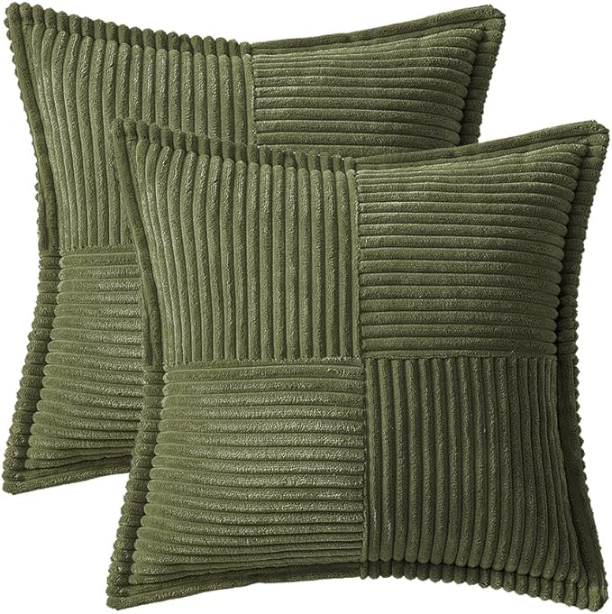 MIULEE Decorative Throw Pillow Covers for Couch Bed Livingroom 18x18 Inch Set of 2 Olive Green Boho Accent Throw Pllows Broadside Striped Patchwork Soft Corduroy Summer Pillowcases