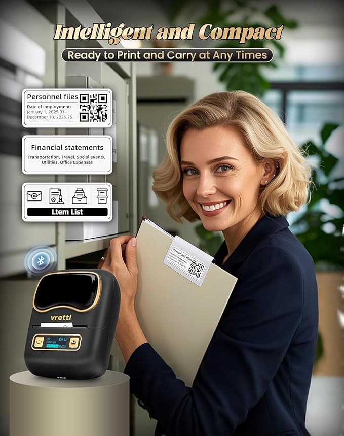 vretti Label Maker Machine with Tape, K2 Label Makers for Kids School Items, 2 Inch Bluetooth Labels Printer for Clothes Address Logo Barcode, Easy to Use, Fits Office Home School Gift - Black