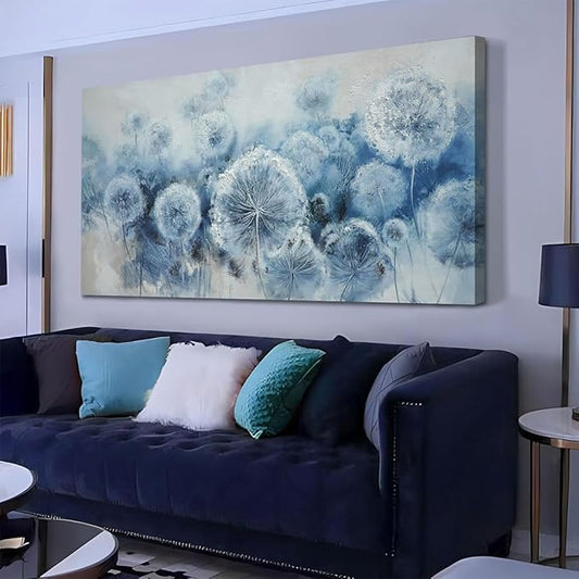 Arjun Flower Wall Art Indigo Blue Dandelion Floral Canvas Painting Watercolor White Textured Modern Artwork Large Framed for Living Room Bedroom Dinning Room Bathroom Home Office Wall Decor, 40"x20"