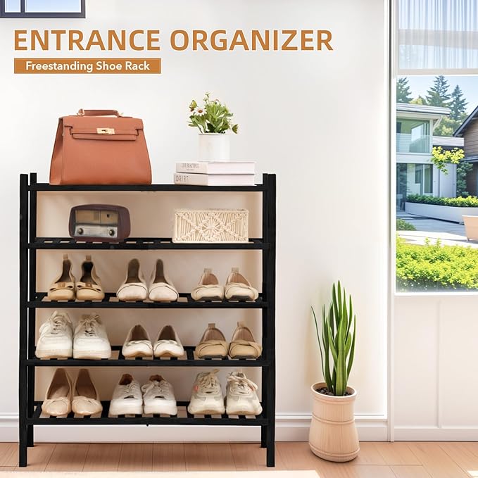 5 Tier Bamboo Shoe Rack Storage Organizer for Closet, Multifunctional Stackable Free Standing Shoe Shelf Organizer for Small Space,Entryway, Hallway, Bathroom27 x11 x32 (Black, 5 Tier)