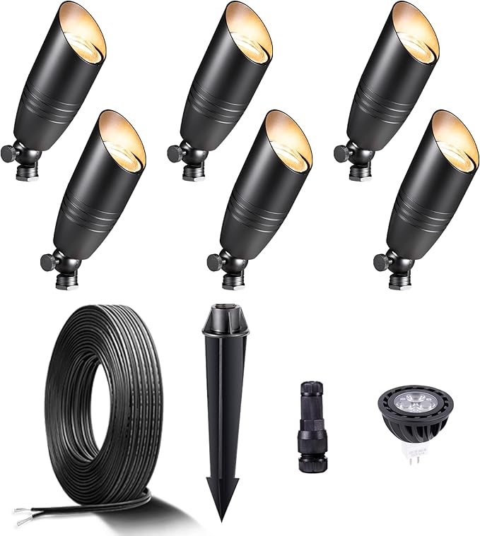 Black Brass Low Voltage Landscape Spotlights(6-Pack) Kit 12V LED with 100 Feet Wire and 30Pack Connectors for Outdoor Yard Garden Patio Without Transformer