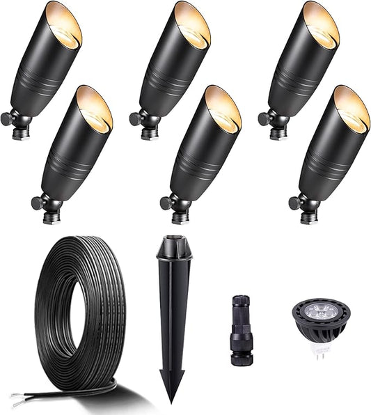 Black Brass Low Voltage Landscape Spotlights(6-Pack) Kit 12V LED with 100 Feet Wire and 30Pack Connectors for Outdoor Yard Garden Patio Without Transformer