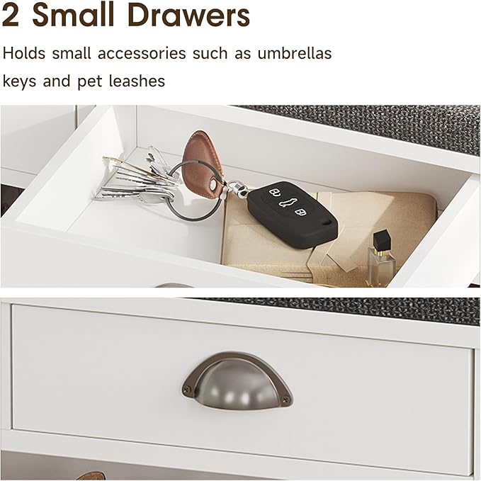 Maupvit Shoe Storage Bench with Cushion, Shoe Bench with Padded Seat, Entryway Storage Bench with Drawer, 2 Compartments, Wood Shoe Rack for Bedroom, Closet, Living Room, Hallway (White)