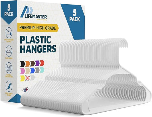 Plastic Clothes Hangers – Heavy Duty Hanger Set, for Organizing Clothes, Dresses, and Coat, Holds Up to 5 lbs, Space-Saving Hangers with Non-Slip Shoulder Grooves, Pack of 5, White