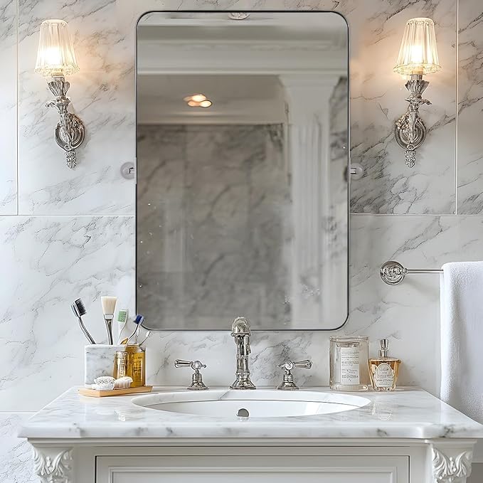 ANDY STAR Chrome Pivot Bathroom Mirror, 20" x 30" Chrome Tilting Wall Vanity Mirror, Rounded Rectangle Metal Frame Pivots Vertically Only (Overall 24.33" x 30")