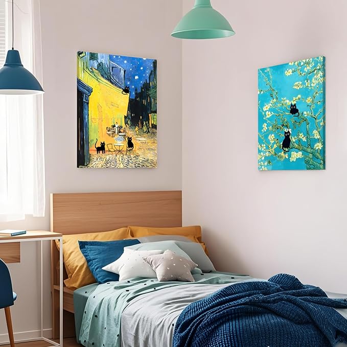 FASWQ Whimsical Black Cat Wall Art, Van Gogh Matisse Picasso Wall Decor, Funny Bathroom Canvas Paintings, Cute Animal Aesthetic Pictures for Living Room Kids' Room Framed Ready to Hang 12"x16"x3