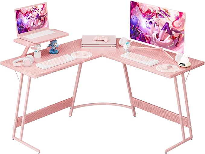 Homall Pink L Shaped Gaming Desk Computer Corner PC Desk Table with Large Monitor Stand for Home Office Studying Writing Workstation, Gift for Girls and Women (Pink, 47 Inch)