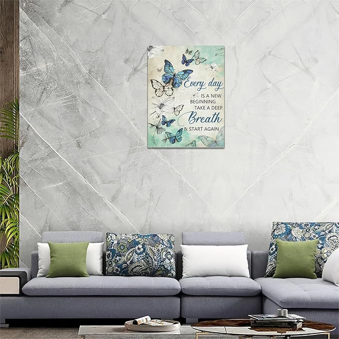 Teal Butterfly Floral Wall Decor - Farmhouse Butterfly Pictures Inspirational Quotes Canvas Prints Artwork Painting Modern Home Decorations For Bathroom Girls Bedroom Living Room