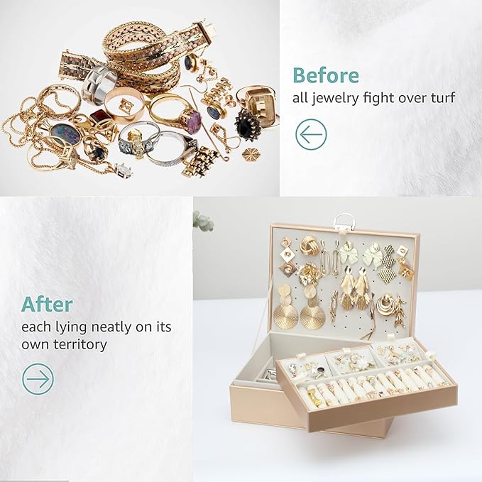 BOOVO Earring Jewelry Box For Women Girl Stud Organizer, 4 Layers Girl Jewelry Organizer Box With Lock Earring Holder Organizer Necklace Ring Jewelry Organizer Box For Girls (Champagne, 4 layer)