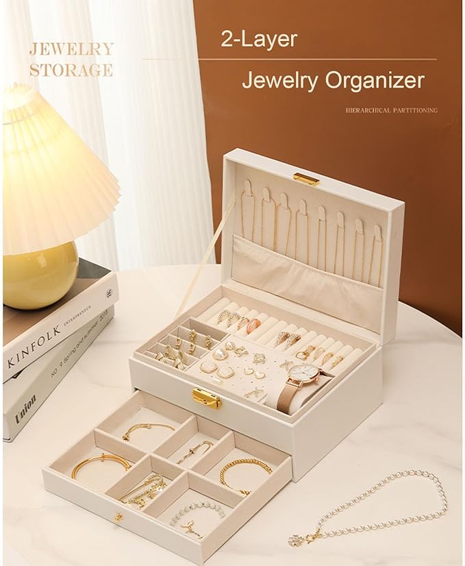 Jewelry Box for Women Girl Wife - Large PU Leather Jewelry Organizer Storage Case with Two Layers Display for Earrings Bracelets Rings Watches (White)
