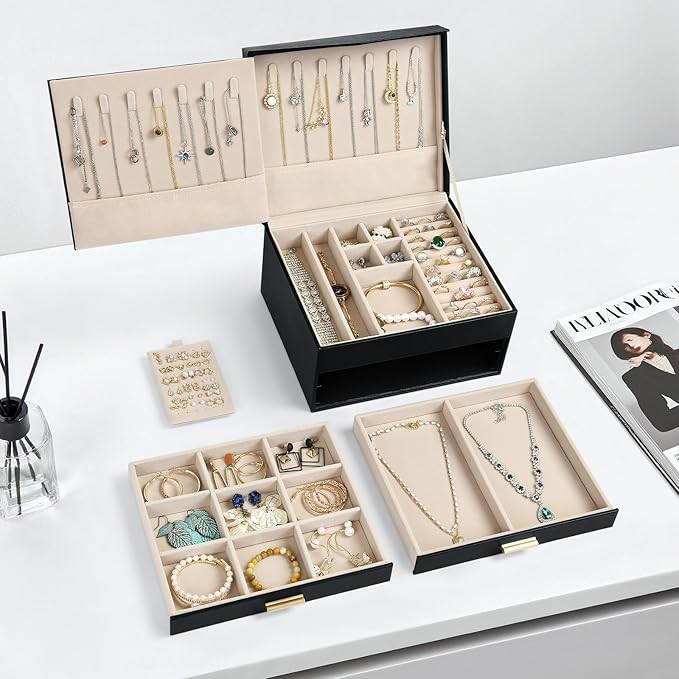 Amearea Jewelry Box Organizer for Women Girls with Mirror, 3-Layer Large Jewelry Storage Case, Synthetic Leather Jewelry Holder Organizer with Removable Tray for Necklaces Earrings Rings, Black