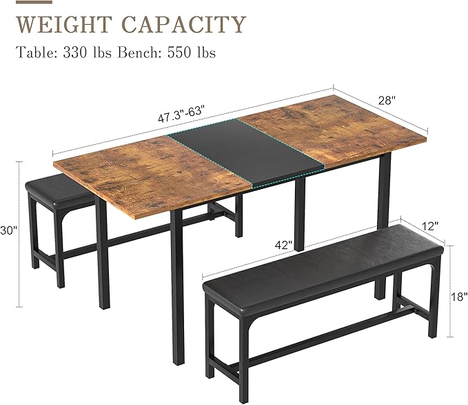 VECELO 3-Piece 63" Extendable Kitchen Table with Benches/Chairs, Modern Breakfast Dinette/Dining Room Set for 4/6/2, Small Space Saving Design, Easy Assembly