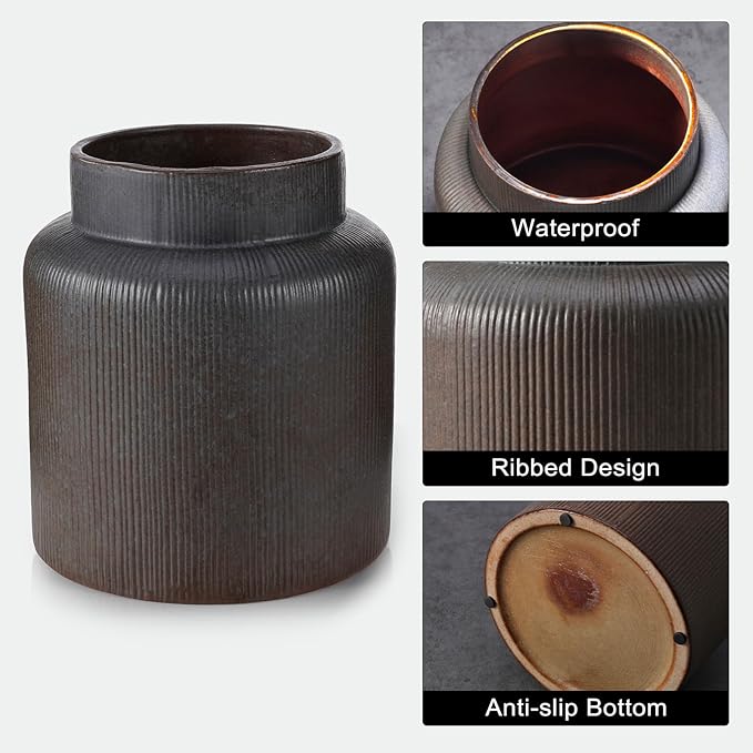 Rustic Vases for Decor, 6.7 inch Farmhouse Ceramic Vase for Flowers, Vintage Decorative Vase for Home Decor, Dining Table, Living Room, Shelf, Kitchen, Bedroom