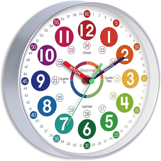 Learning Clock for Kids 10 Inch Learning to Tell Time Easily Colorful Teaching Time Clock Silent Non Ticking Battery Operated Decorative for Kids Room Classroom School Bedroom