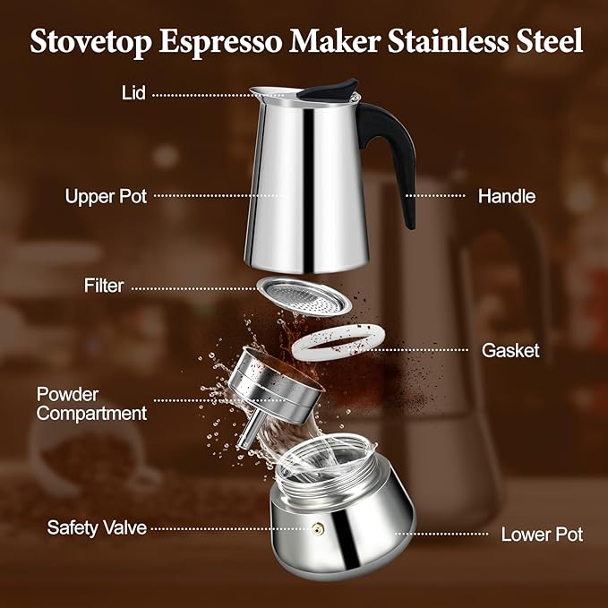 2 Cup Moka Pot Percolator Italian Coffee Maker 100ml Stovetop Espresso Mocha Stainless Steel Greca Coffee Maker Classic Cafe Makers Suitable for Induction Cookers Ceramic Stoves Tummy
