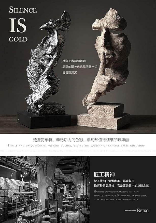 Silence is a Golden Statue Modern Mens Creative Office Home Room Decorations Sculpture Friends Bookshelf Decorative 4.7 x 4.3 x 13.18in(Silver) Modern Home Décor