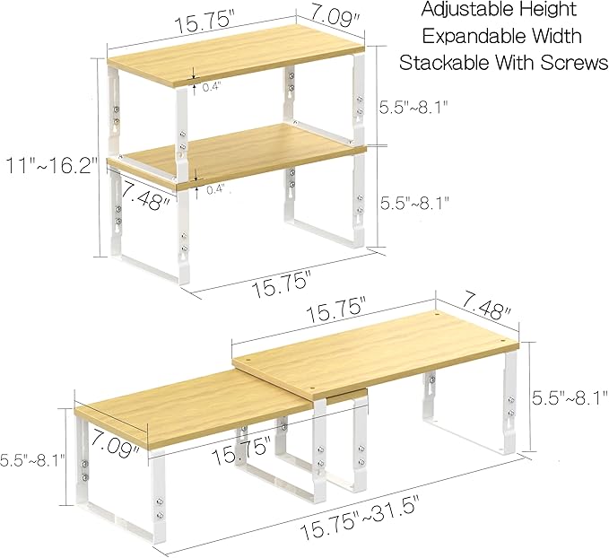 Expandable Kitchen Cabinet Organizer Shelves – Stackable Adjustable Metal and Wood Storage Racks for Countertop, Pantry, Garage Set of 2 Spice Rack – Easy Assembly, Space-Saving(2 Packs/Large/White)