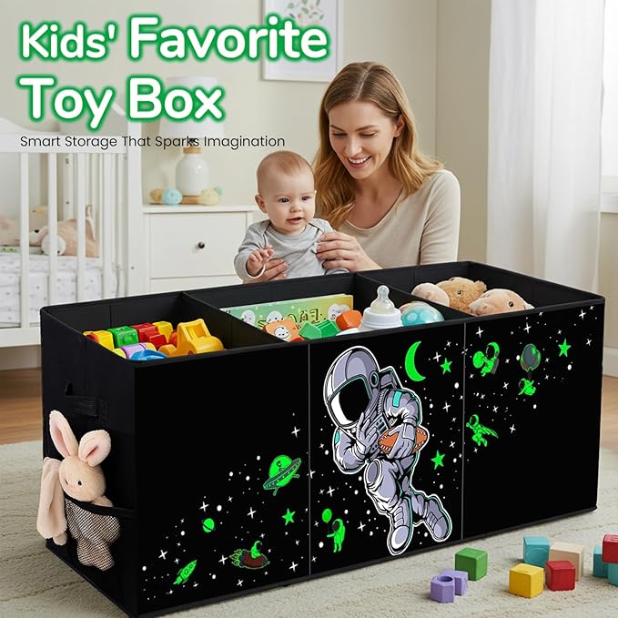 Extra Large Toy Storage Organizer For Living Room with Lids - Glow-in-Dark 40"x14"x16" Collapsible 600D Oxford Toy Chest for Kids, Boys, Girls - Durable Toy Bin for Living Room, Playroom, Nursery