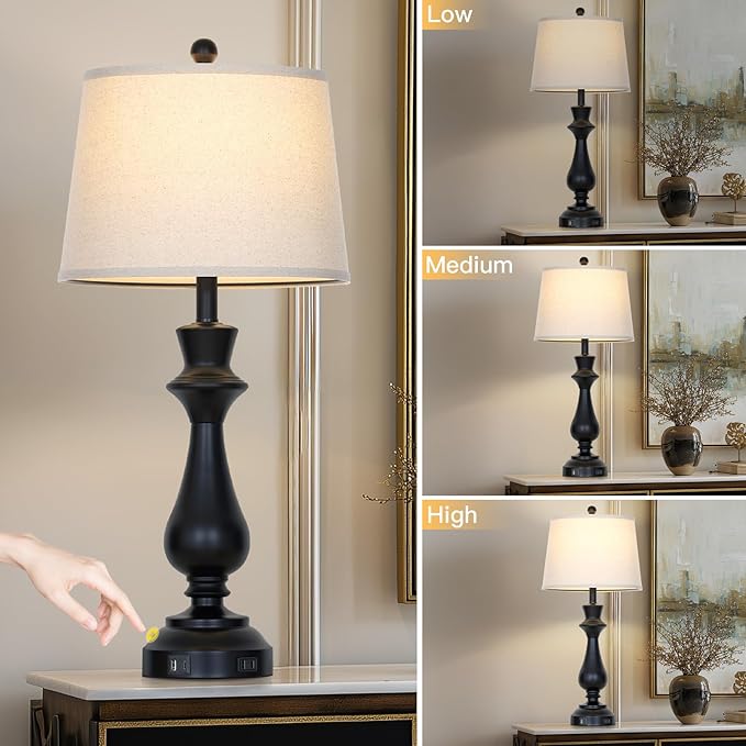 Modern Black Table Lamps Set of 2 for Living Room,30" Tall Bedside Lamp with USB Charging Port,3-Way Dimmable Touch Nightstand Lamp for Bedroom Desk Side Table Office,Black