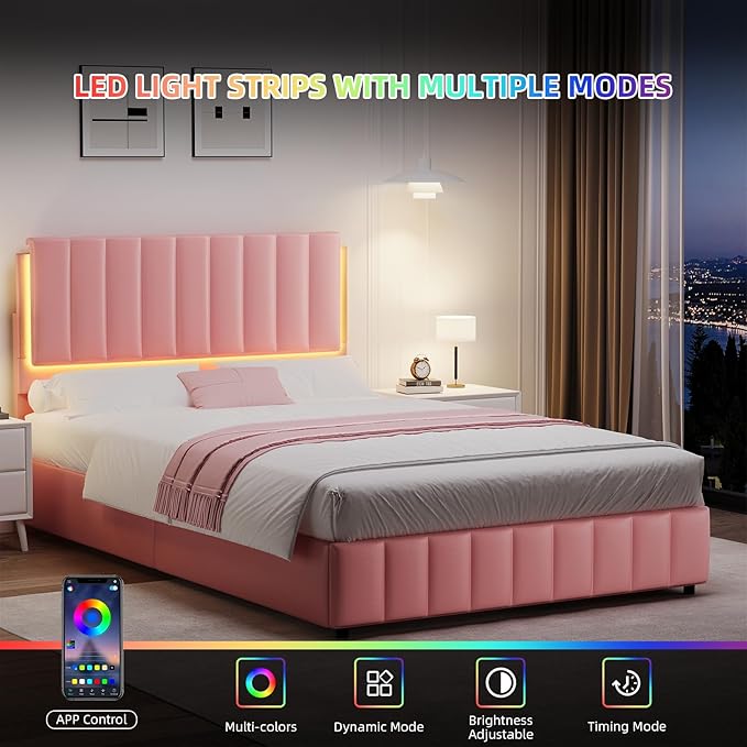 Full Size Bed Frame with LED Lights, Faux Leather Upholstered Platform Bed with Headboard and Wooden Slats Support, No Box Spring Needed, Noise-Free, Easy Assembly, Pink