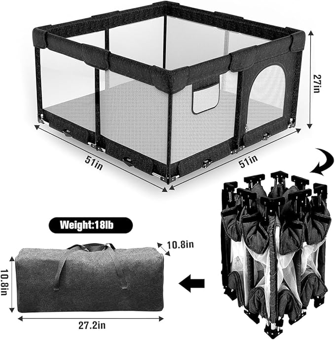 Foldable Baby Playpen with Gate, Extra Large Collapsible Play Yard for Babies & Toddlers, Portable Travel Playpen, Baby Activity Center for Indoor & Outdoor Use (Black 51"×51")