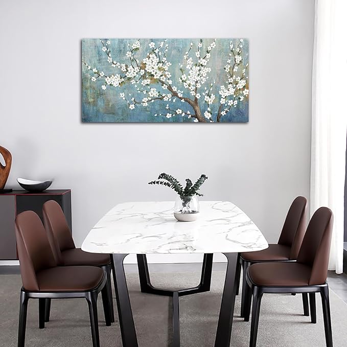 Elegant Flowers Canvas Wall Art - Plum Blossom Pictures for Wall Decor Rustic Turquoise Canvas Painting Nature Printing Artwork for Living Room Bedroom Home Office Wall Decoration 24" x 48"