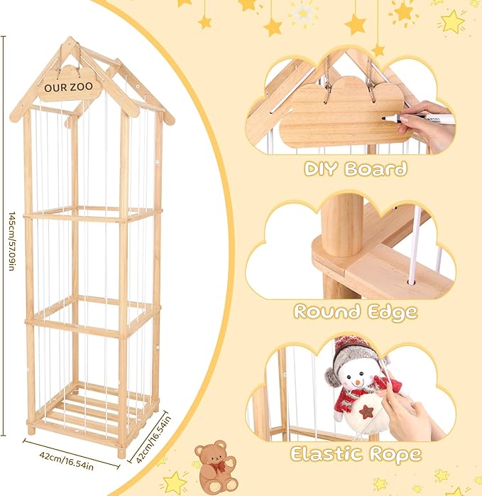 HOMIEE Stuffed Animal Storage Organizer, Wood Stuffed Animal Zoo Toy Holder for Kids Playrooms, Bedrooms, Nursery Room