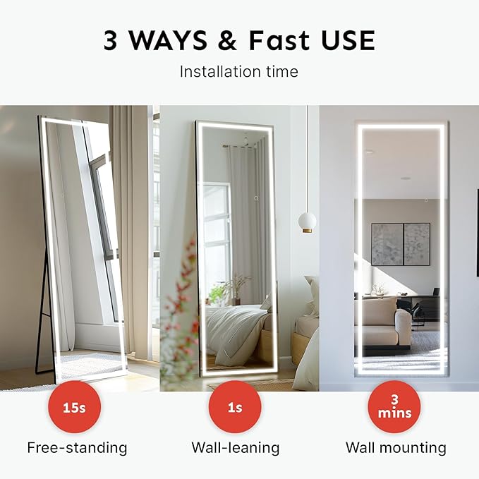 68x24 Frameless Full Length Mirror, Dimmable 3 Color LED Light w/Memory Function, Distortion Free, HD Reflection & Anti Desilvering, Tempered Glass & Shatter Proof Film Doubling Safety