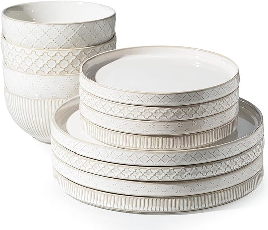 Getstar Dinnerware Sets, Plates and Bowls Sets (10.5” Dish + 8” Dish + 6” Bowl) for 4, Microwave Dishwasher Safe, 12 PCS Ceramic Dinnerware Sets