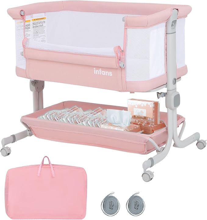 INFANS 3 in 1 Baby Bassinet, Bedside Sleeper with Comfy Mattress, Wheels, 6 Height Adjustable, Storage Basket, Travel Bag, Portable All Mesh Crib for Newborn Infant (Pink)