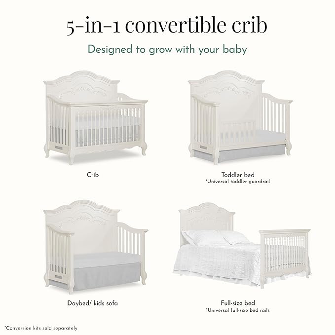 évolur Aurora 5-in-1 Convertible Full-Size Baby Crib in Ivory Lace, GreenGuard Gold & JPMA, 3 Mattress HeightsRibbon Bow Scrollwork & Queen Anne Feet, Converts to Toddler, Day & Full-Size Bed