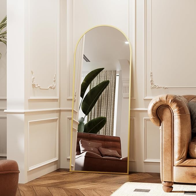 Arched Full Length Mirror 58"x19", Gold Tempered Glass Wall Hanging Mounted Body Length Mirrors with Stand, Large Floor Aluminum Alloy Thin Frame
