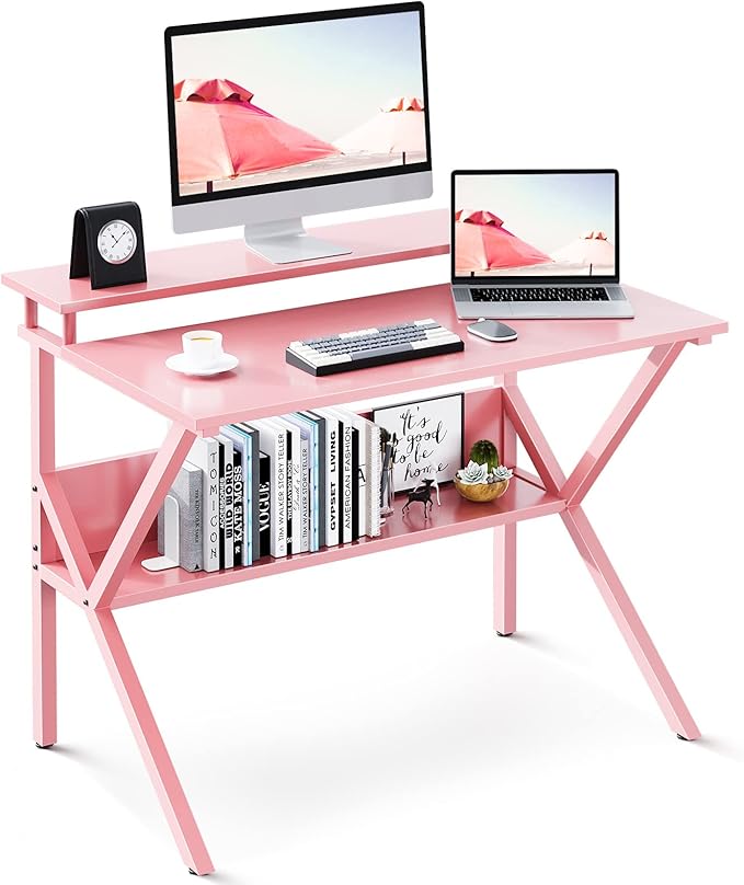 ODK Small Desk, 27.5 Inch Computer Desk for Small Spaces, Compact Desk with Storage, Study Table with Monitor Stand for Home Office, Pink