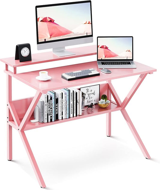 ODK Small Desk, 27.5 Inch Computer Desk for Small Spaces, Compact Desk with Storage, Study Table with Monitor Stand for Home Office, Pink