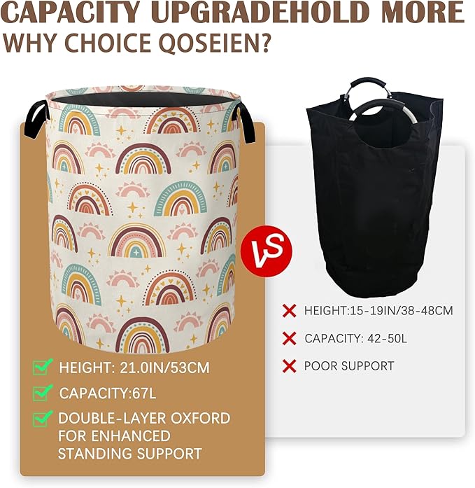 Boho Rainbows Laundry Basket,Stars Sparkles Collapsible Laundry Baskets with Handles,Waterproof Oxford Cloth Storage Basket 16"x20" for Bathroom/Bedroom/Dormitories