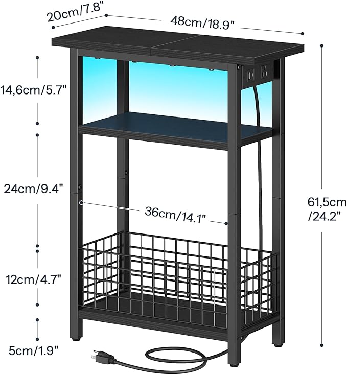 HOOBRO Narrow Side Table with Charging Station and LED Light, Small End Table with Storage, Skinny Nightstand with USB Port, Slim Bedside Table for Small Spaces, Living Room, Black BB242UDBZ01
