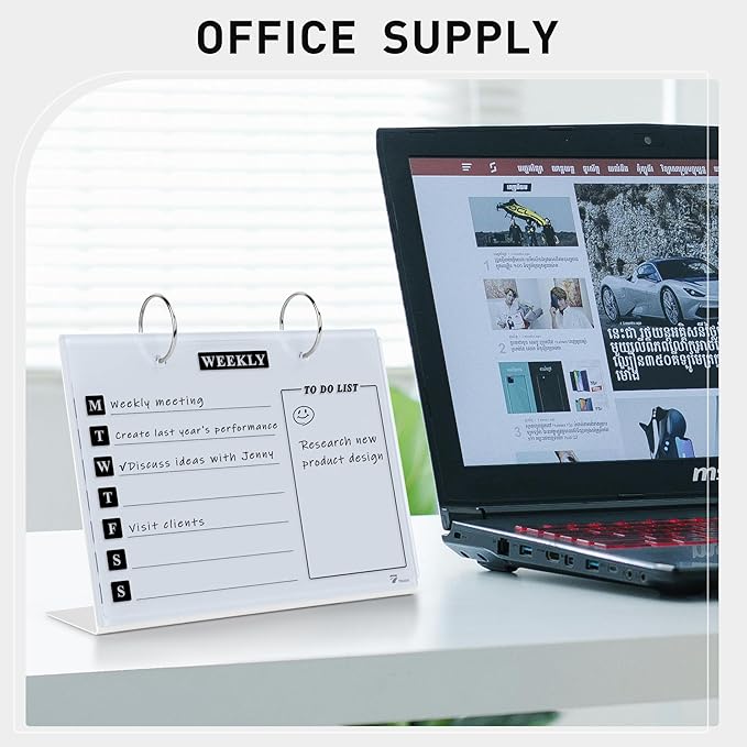 Desktop Glass Dry Erase & Acrylic Aesthetic Desk Calendar Weekly to-do List Combo, Small Magnetic Standing Whiteboard, Desk Flip Easel Calendar with Accessories for Home Office Supply, White, 9 x 7''