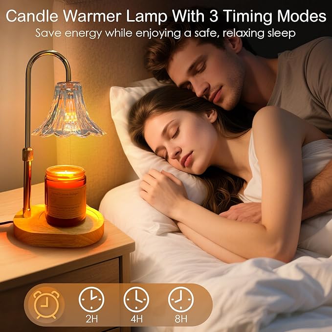 Candle Warmer Lamp with Timer: Birthday Gifts for Women Mom, Adjustable Height, 3 Timing Mode, 4 Level Dimmable Flower Candle Wax Melt Warmer with 2 Bulbs for Jar Candle House Warming Gifts Fall Decor