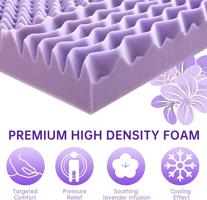 MUXHOMO 2 Inch 7-Zone Twin Mattress Topper, Egg Crate Foam Mattress Topper Twin Size for Back Pain, Lavender Cooling Gel Infused Bed Pad, CertiPUR-US and Oeko-TEX Certification (38"×75")